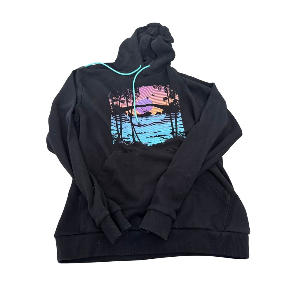 Oakley Mens Performance Fit Hoodie Black Tropical Sunset Graphic Pullover Large